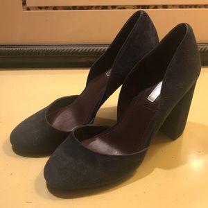 Navy blue round toe stacked suede heel